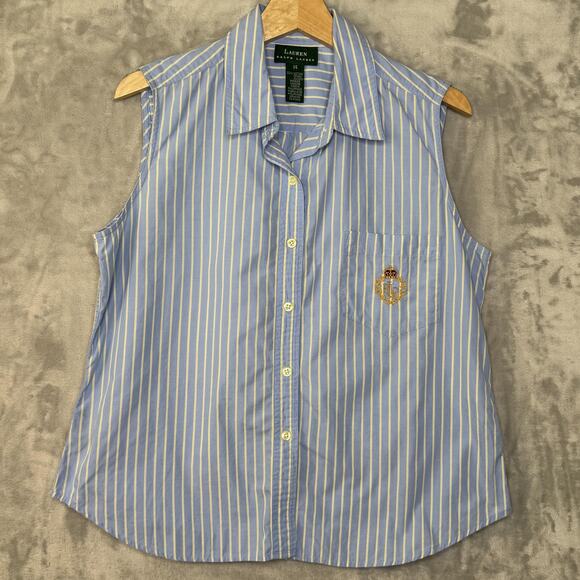 Lauren Ralph Lauren Shirt Womens 14 Blue Striped Sleeveless Button Front Crest - Picture 1 of 8